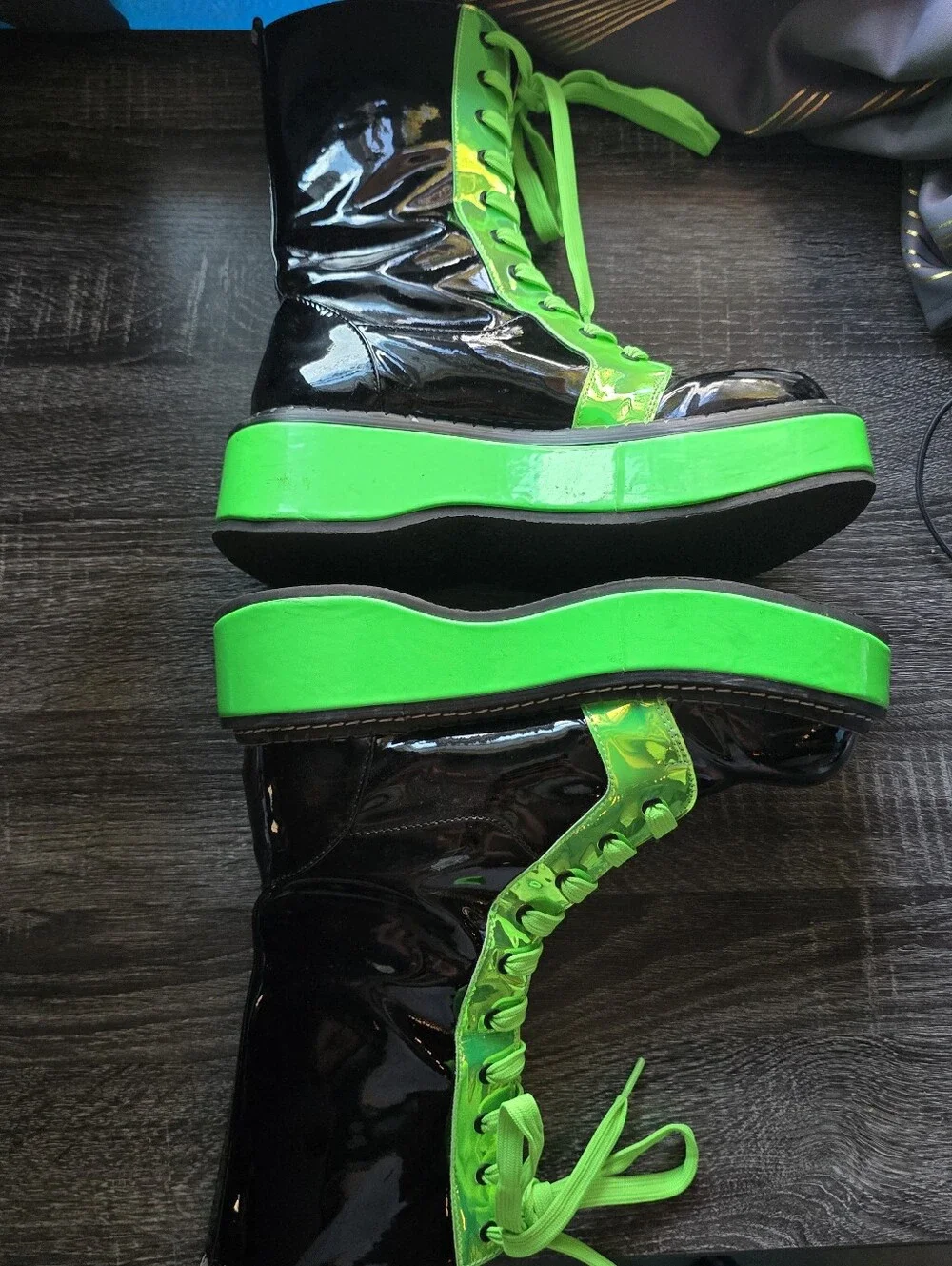 Demonia Emily 350 Neon Green UV Reactive Wrapped Platform Mid-Calf Platforms